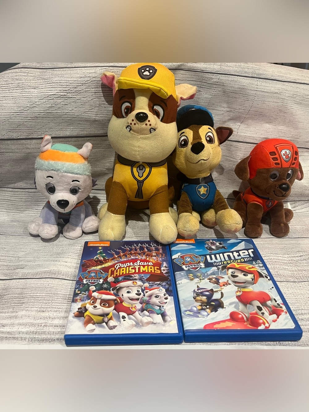 4 Paw Patrol Plushies with Winter Rescues and Pups Save Christmas dvd’s